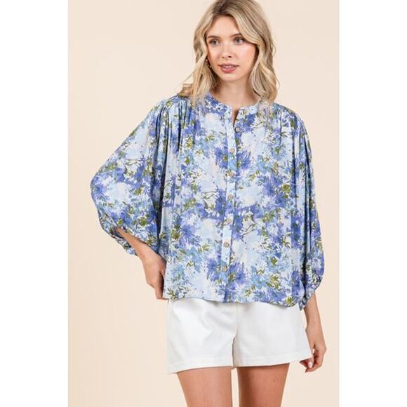 Mittoshop Flower Print Batwing Sleeves Button Down Relaxed Fit Blouse | Blue - Picture 4 of 7
